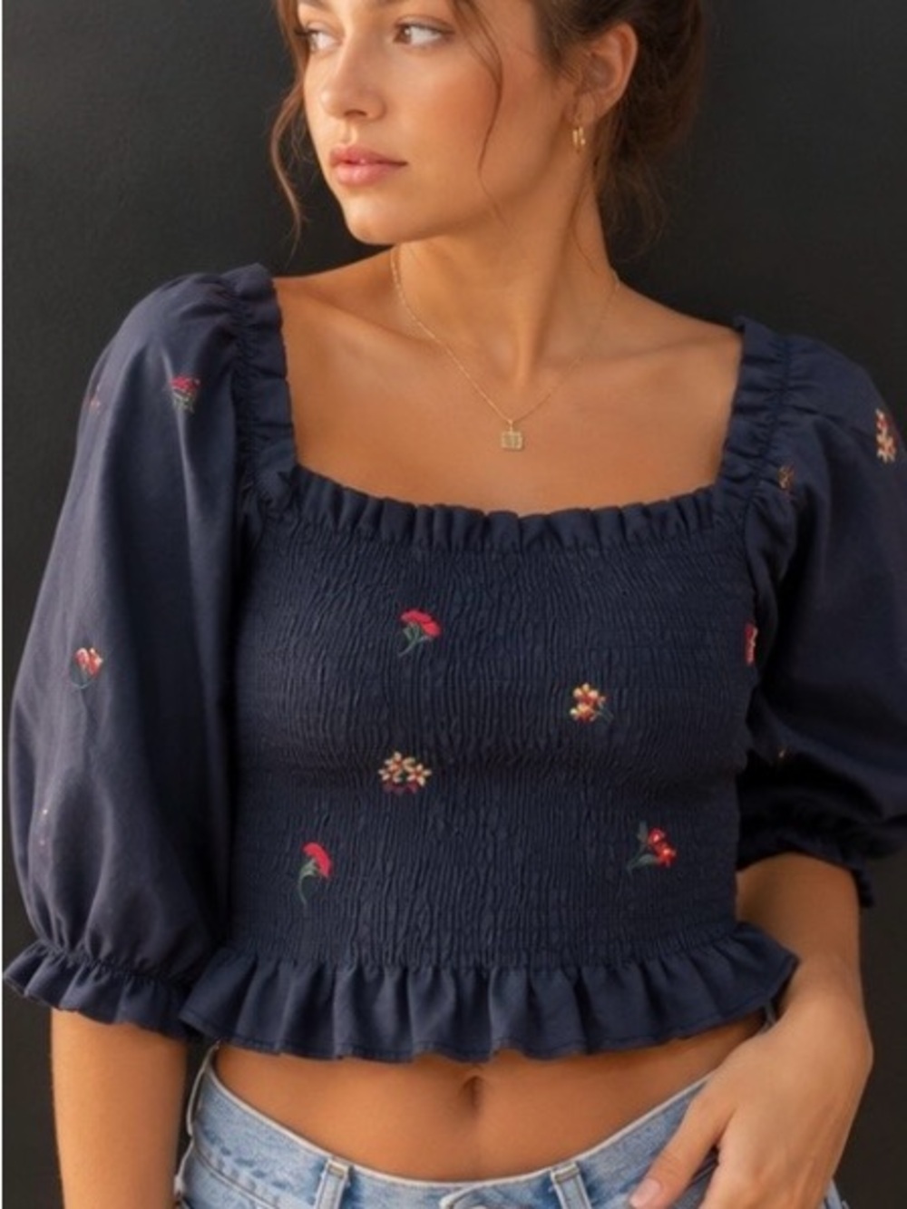 Navy Floral Puff-Sleeve Crop Top